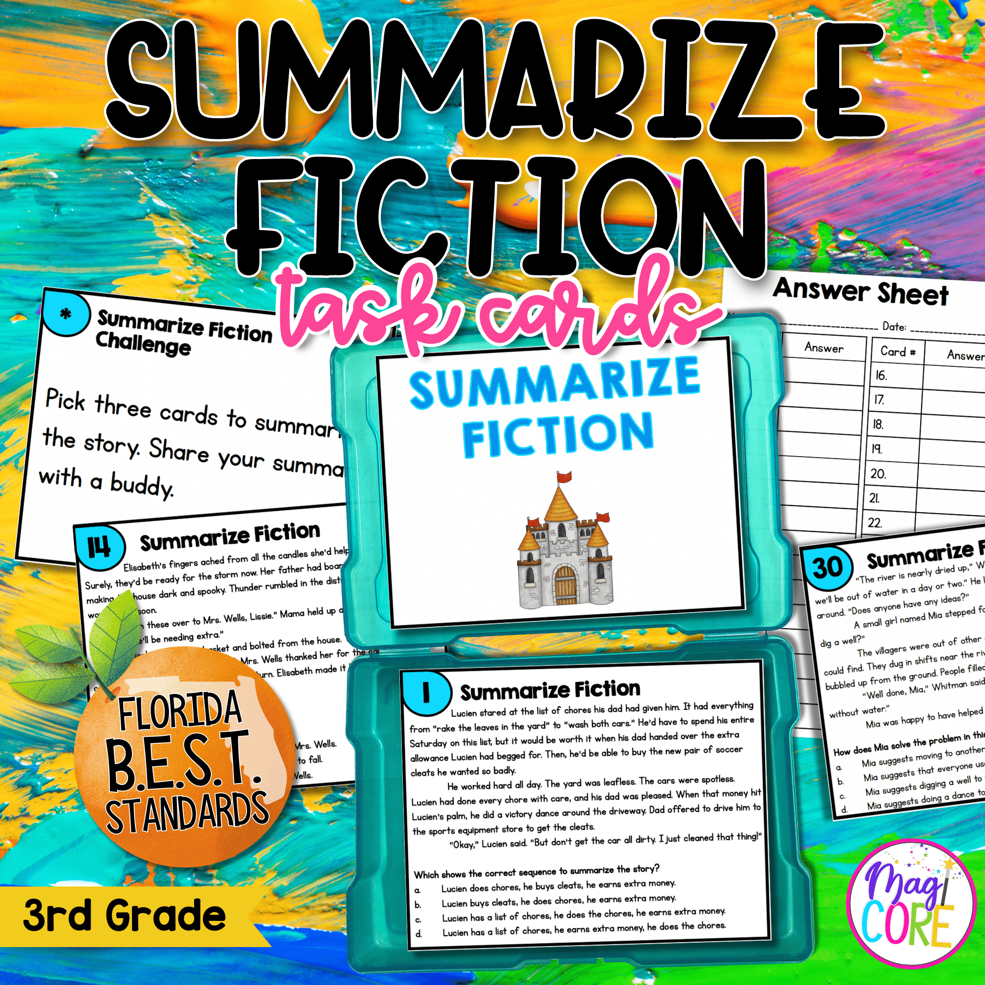 Summarize Fiction Reading Task Cards - 3rd Grade - Florida FL BEST ELA.3.R.3.2