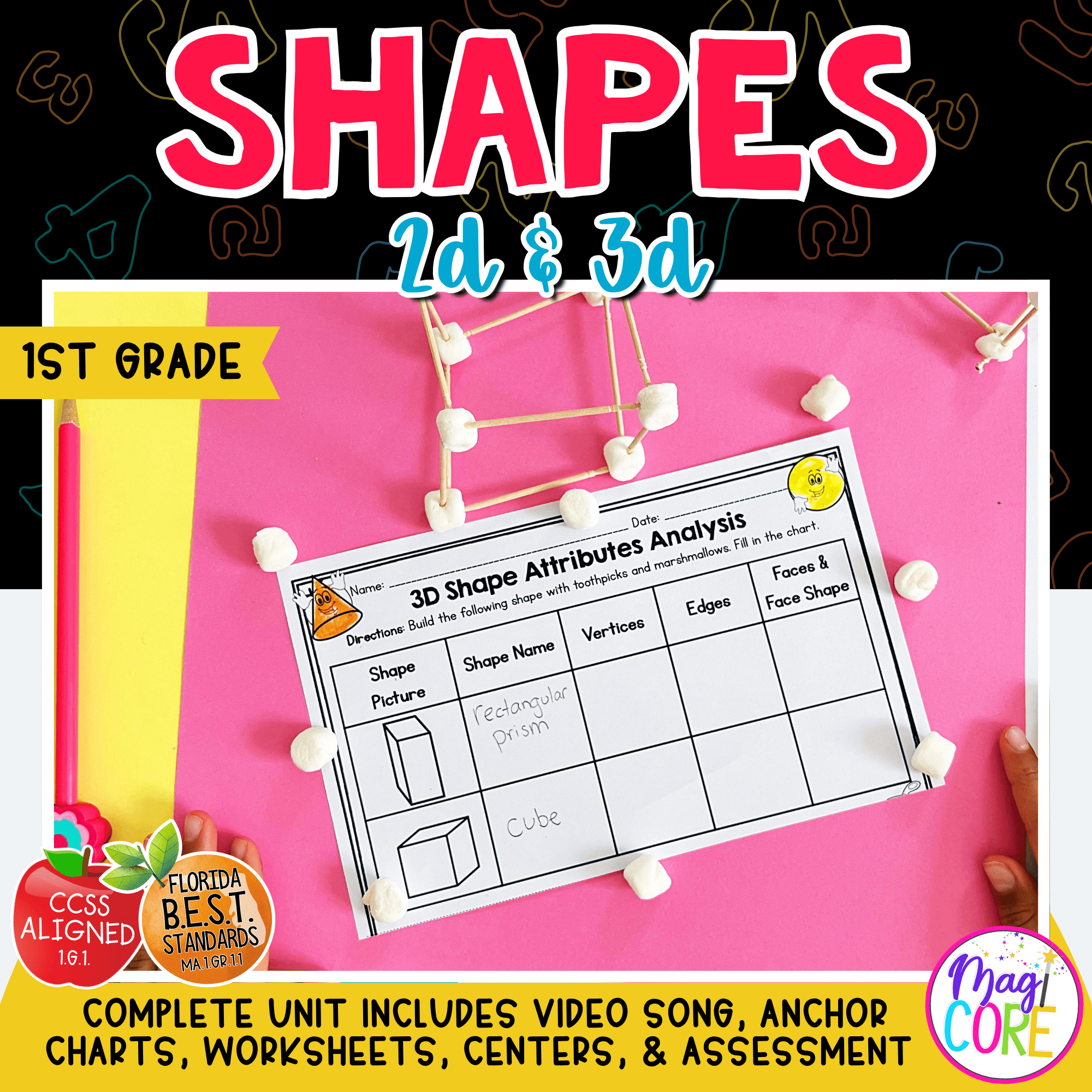 2D and 3D Shape Attributes 1st Grade Math 1.G.A.1 - MA.1.GR.1.1 Worksheets Unit