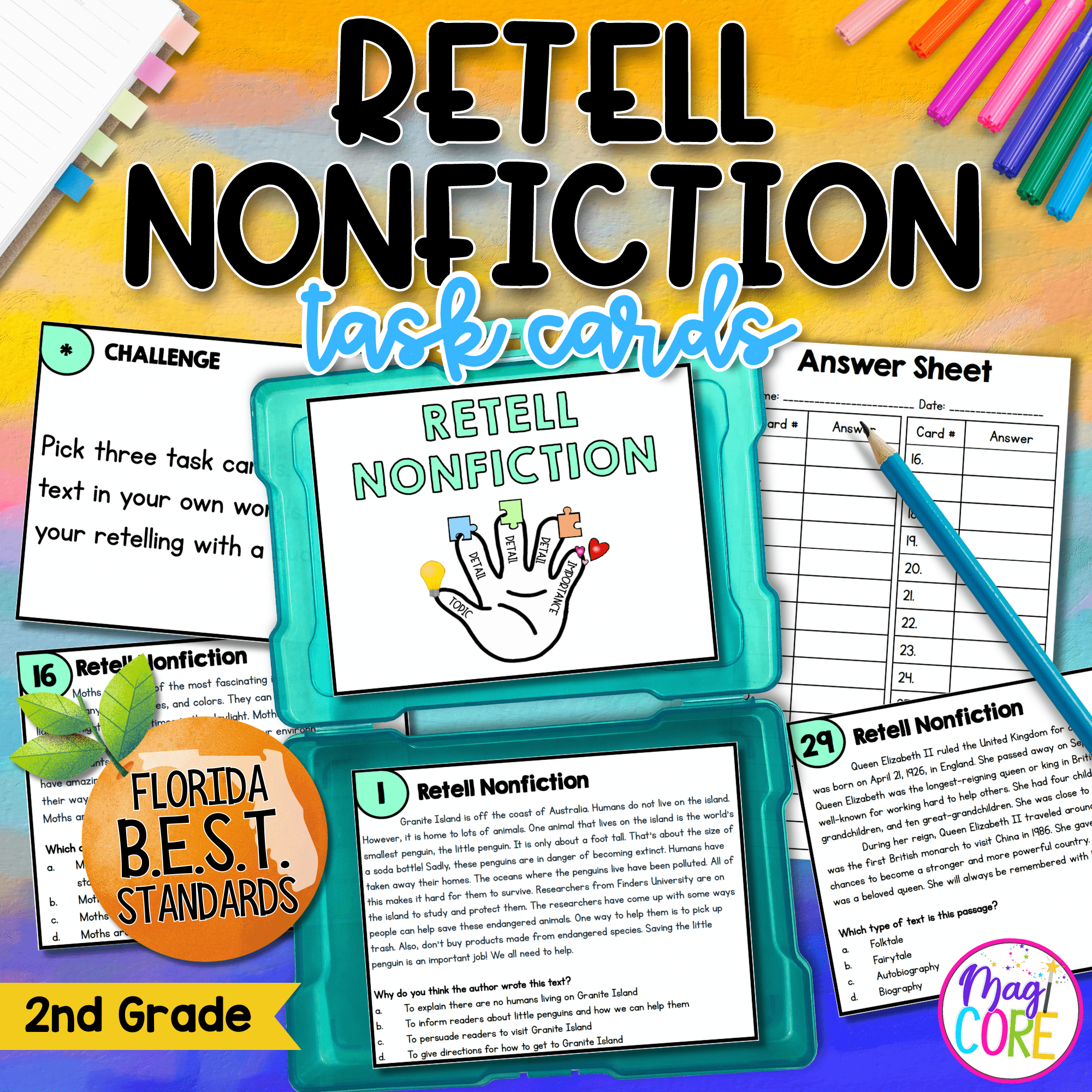 Retell Nonfiction Task Cards - 2nd Grade - FL BEST ELA.2.R.3.2 Center Game