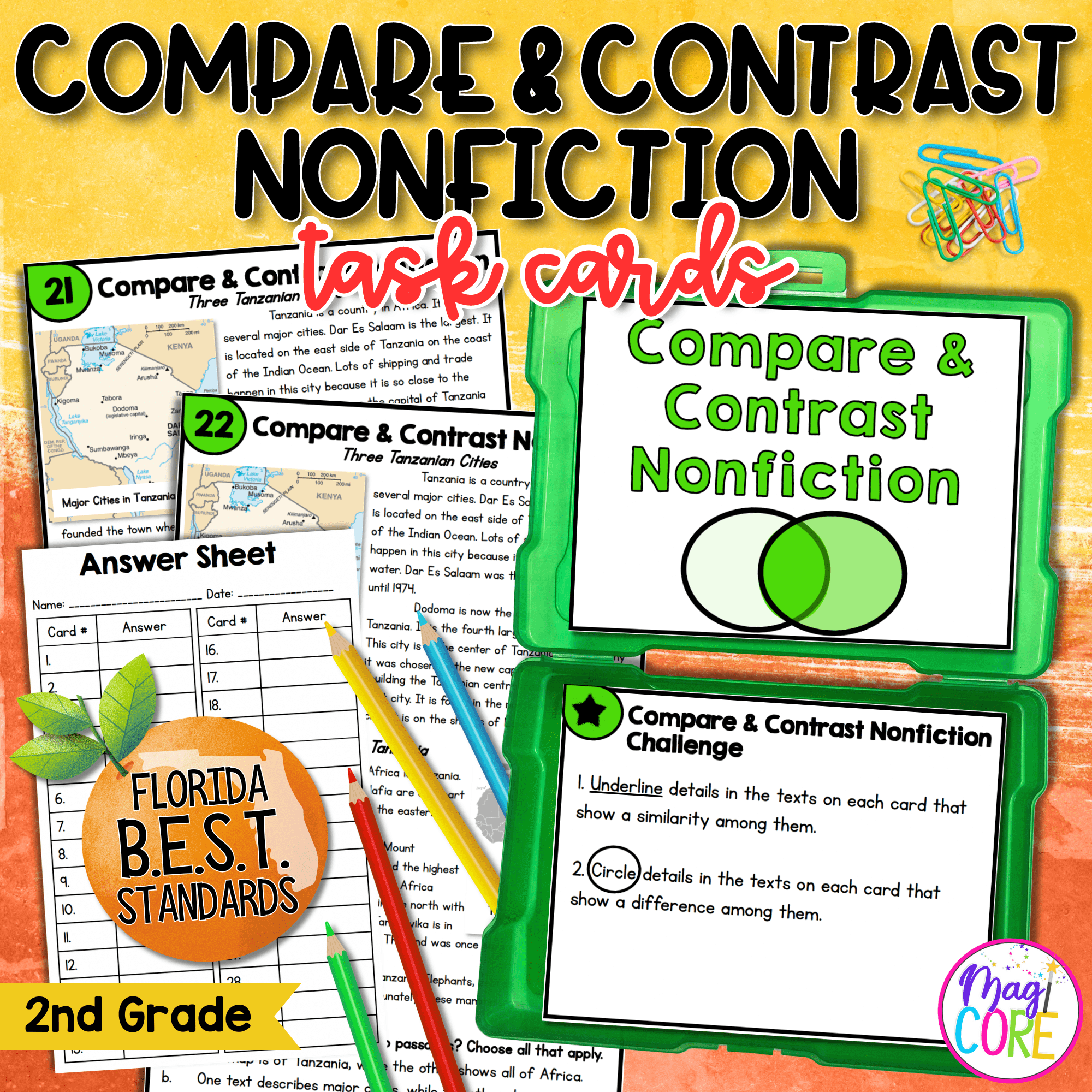 Compare & Contrast Nonfiction Task Cards - 2nd Grade FL BEST ELA.2.R.3.3 Center