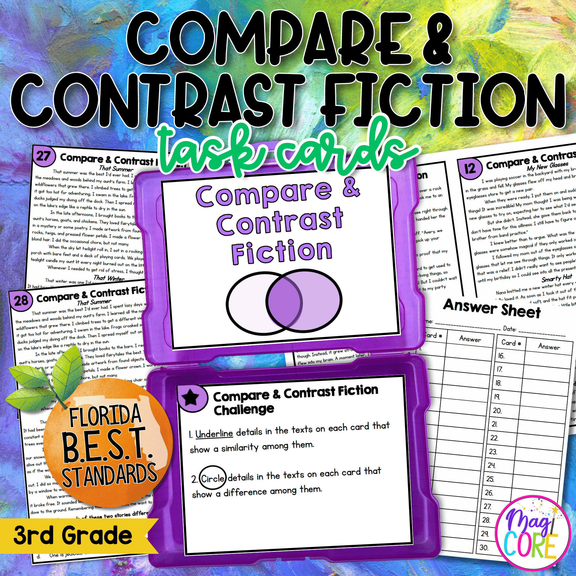 Compare & Contrast Fiction Task Cards - 3rd Grade - FL BEST ELA.3.R.3.3 Reading