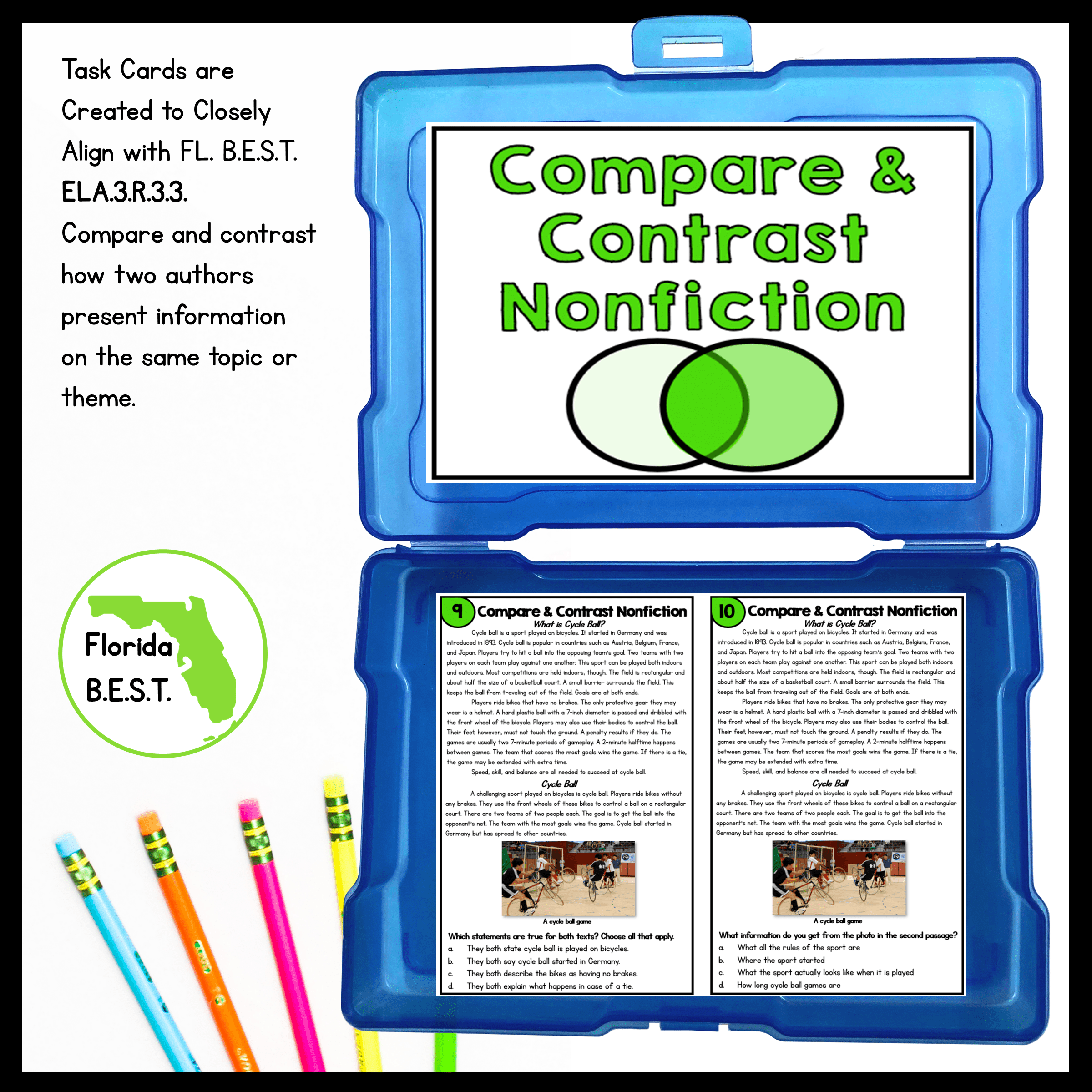 Compare & Contrast Nonfiction Task Cards - 3rd Grade FL BEST ELA.3.R.3.3 Game - Image 2