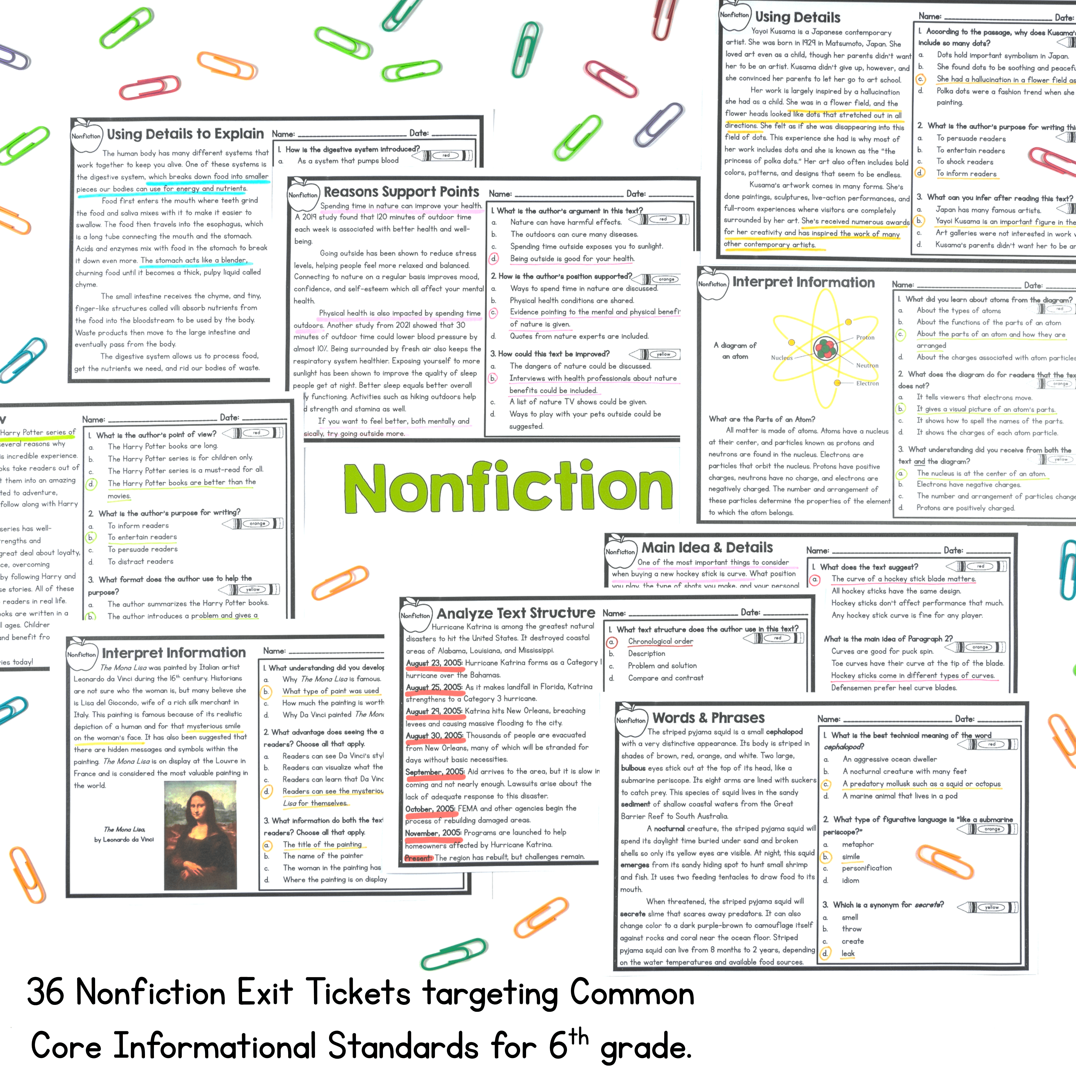 6th Grade Reading Comprehension Exit Tickets Slips Literature Informational Text - Image 4