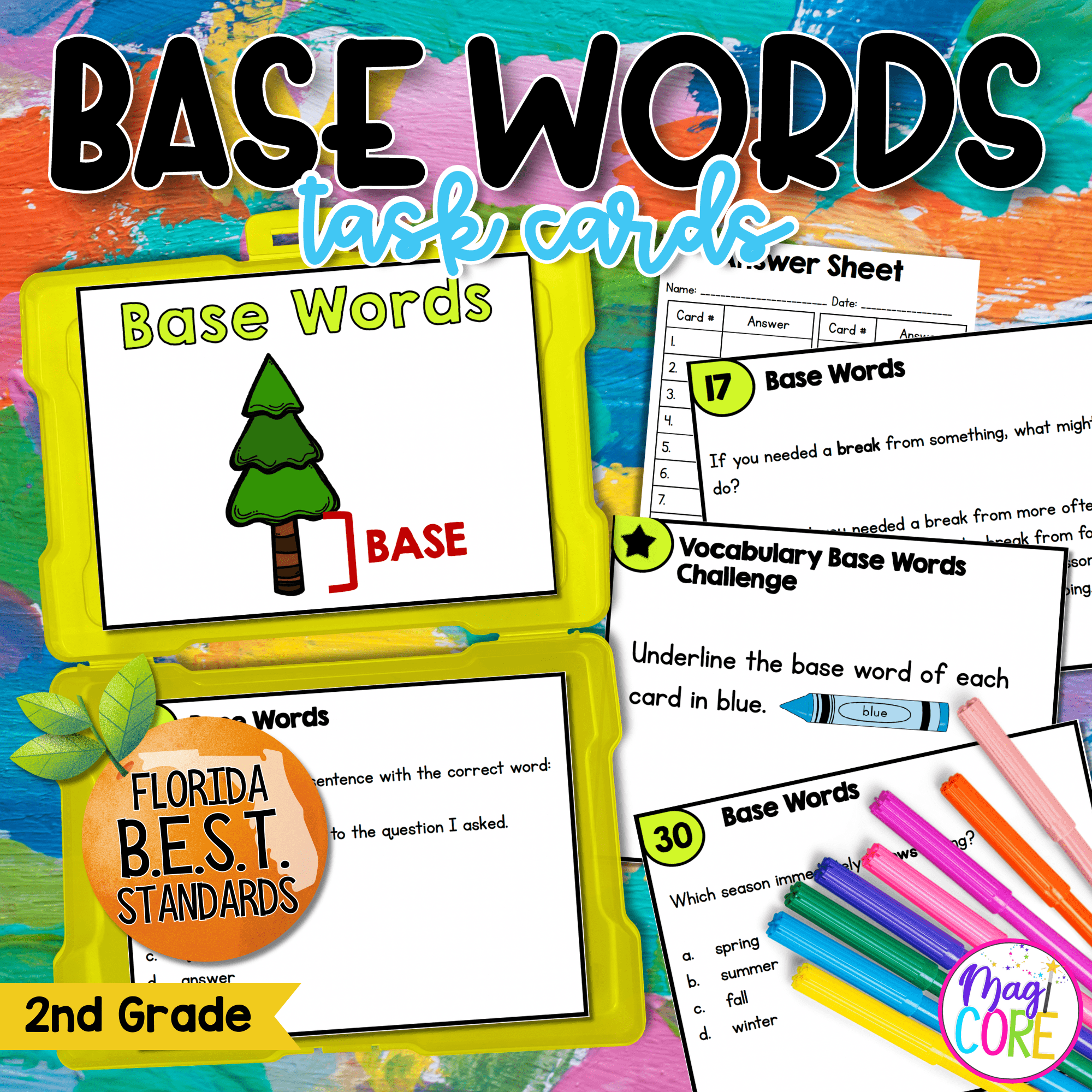 Vocabulary Base Words Task Cards 2nd Grade FL BEST ELA.2.V.1.3 Morphology Center