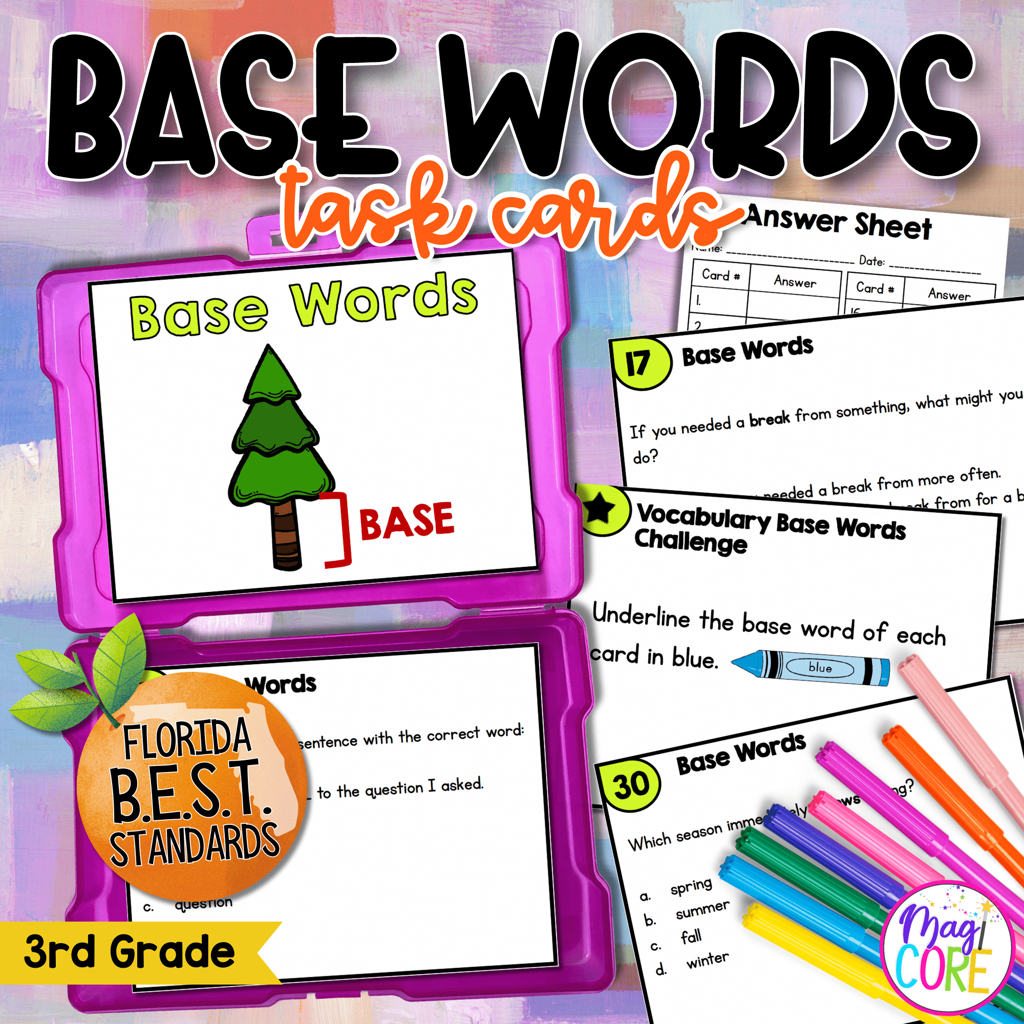 Vocabulary Base Words Task Cards - 3rd Grade - FL BEST ELA.3.V.1.3