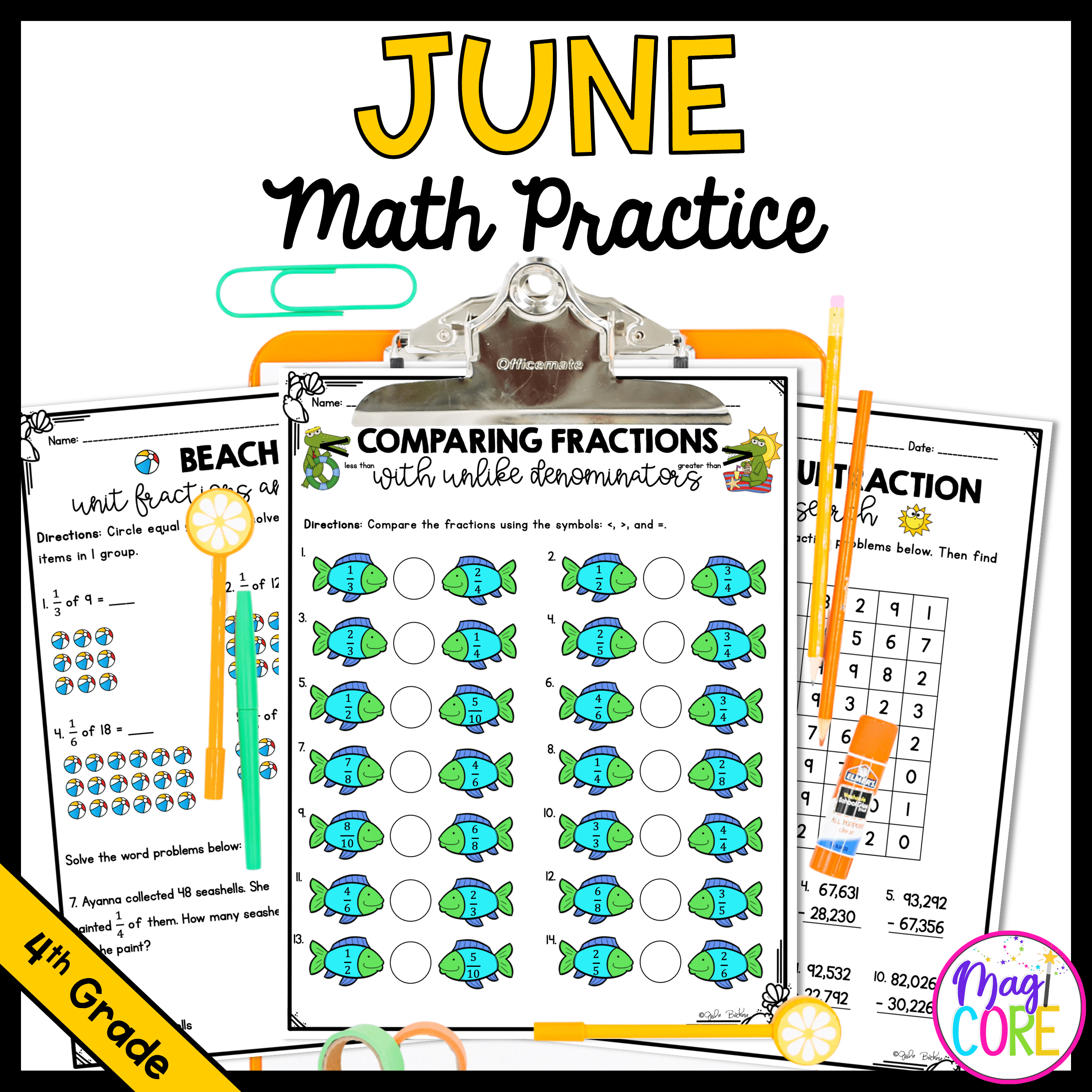 June Themed Math Practice - 4th Grade