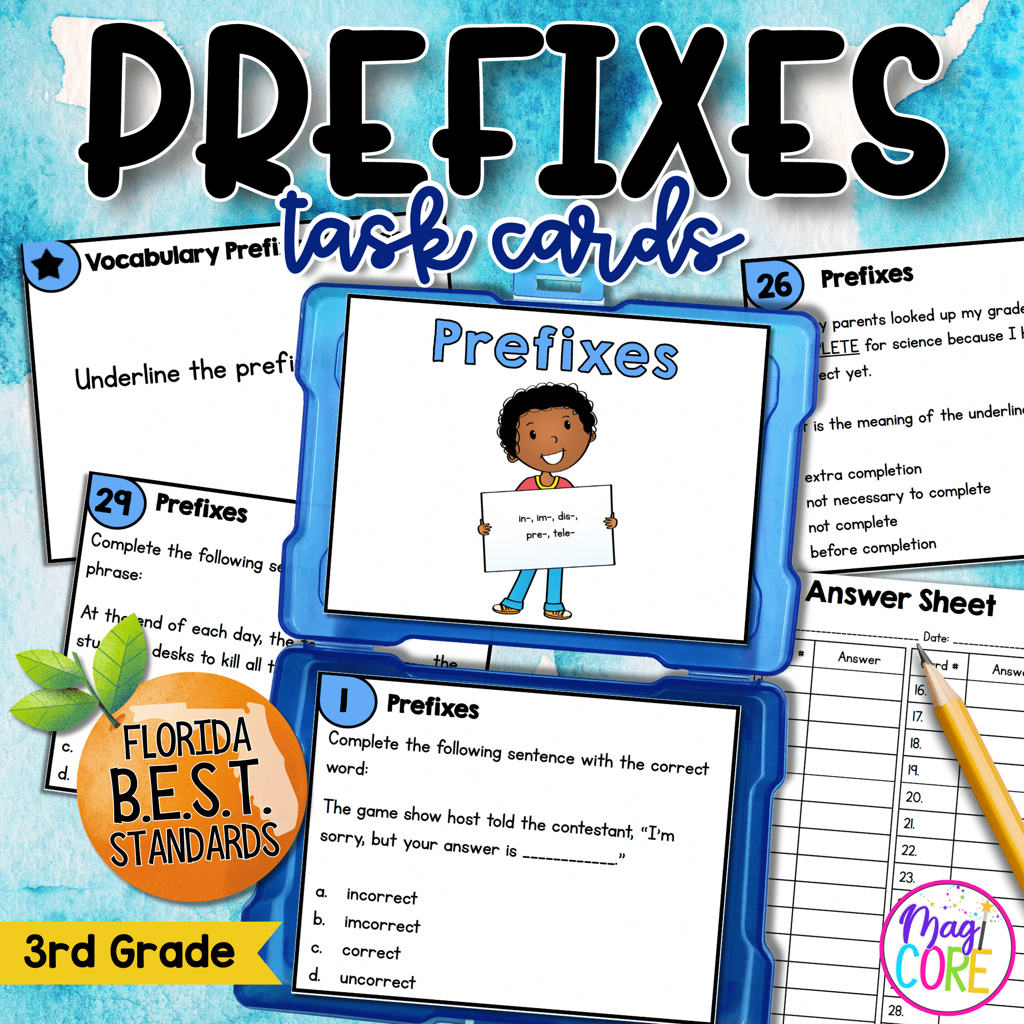 Vocabulary Prefixes Task Cards 3rd Grade FL BEST ELA.3.V.1.3 Morphology Activity