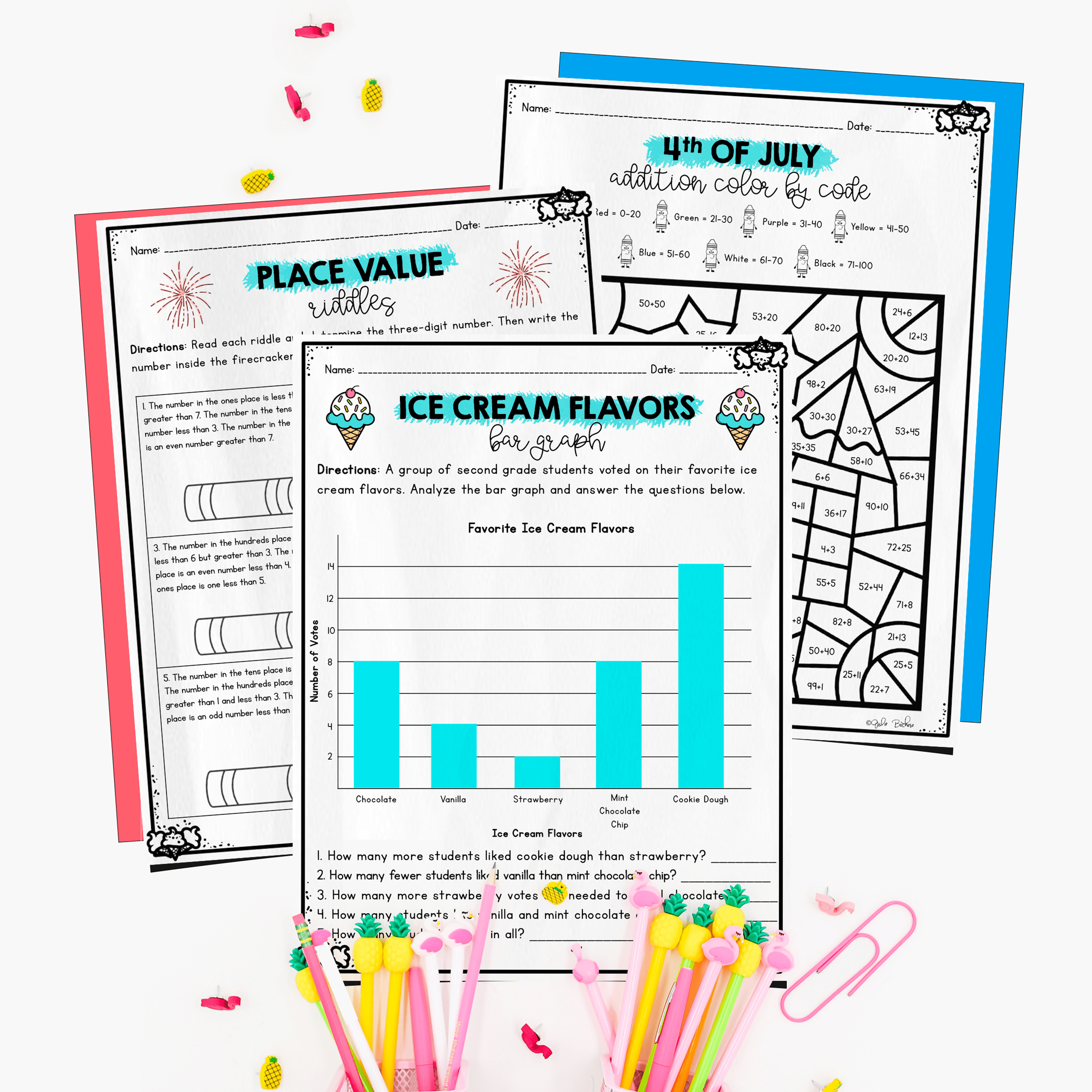 July Themed Math Practice - 2nd Grade - Image 4