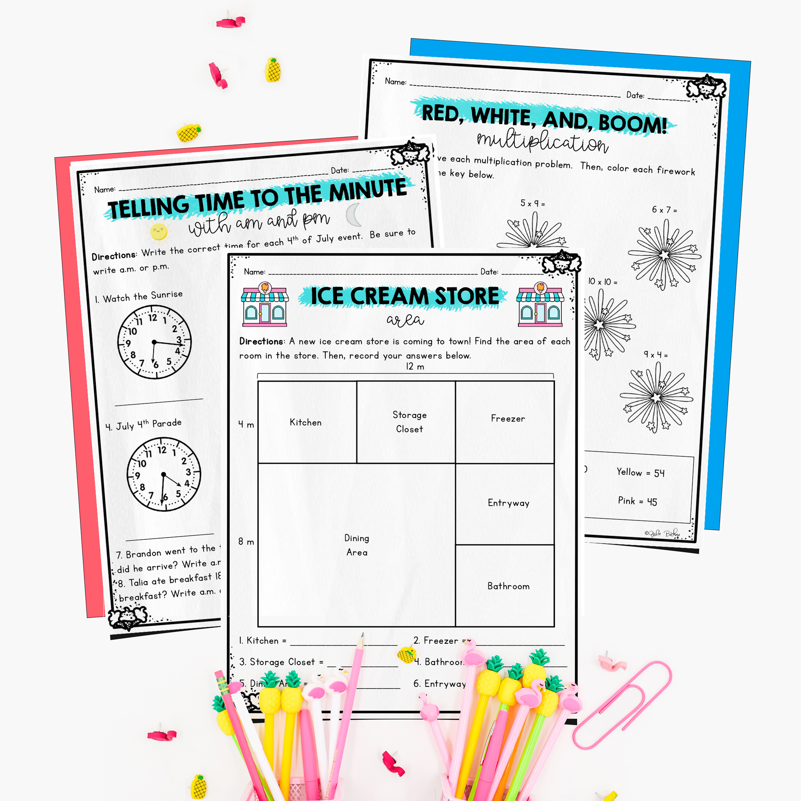 July Themed Math Practice - 3rd Grade - Image 4
