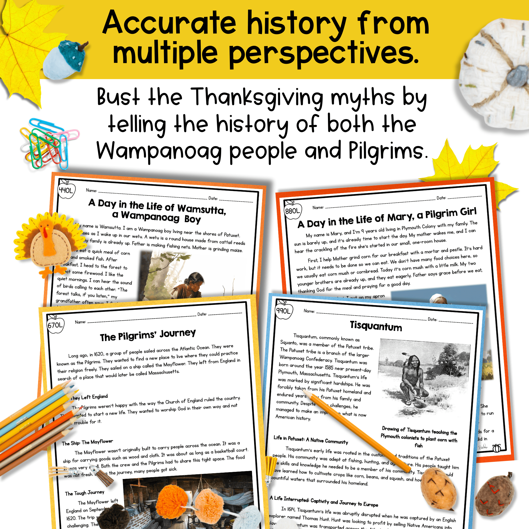 History of Thanksgiving Reading Comprehension Passages Questions Pilgrims Native - Image 2