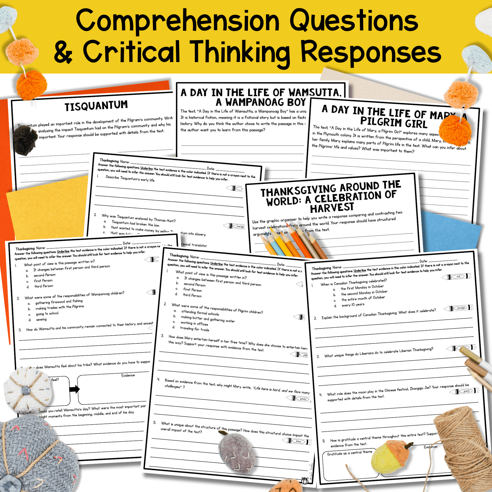History of Thanksgiving Reading Comprehension Passages Questions Pilgrims Native - Image 6