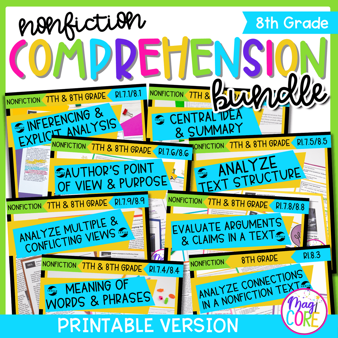 8th Grade Reading Comprehension Nonfiction Bundle - Lexile Leveled Passages
