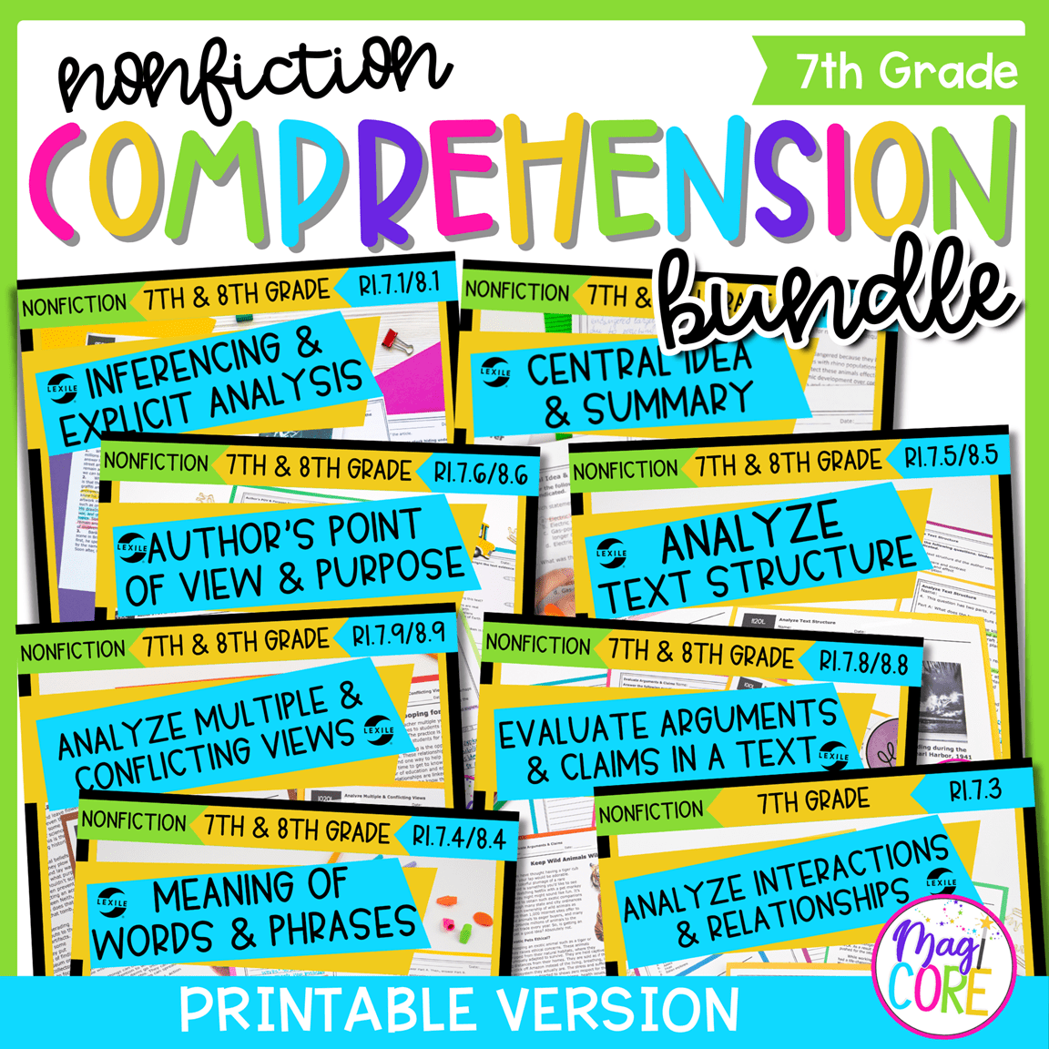 7th Grade Reading Comprehension Nonfiction Bundle - Lexile Leveled Passages