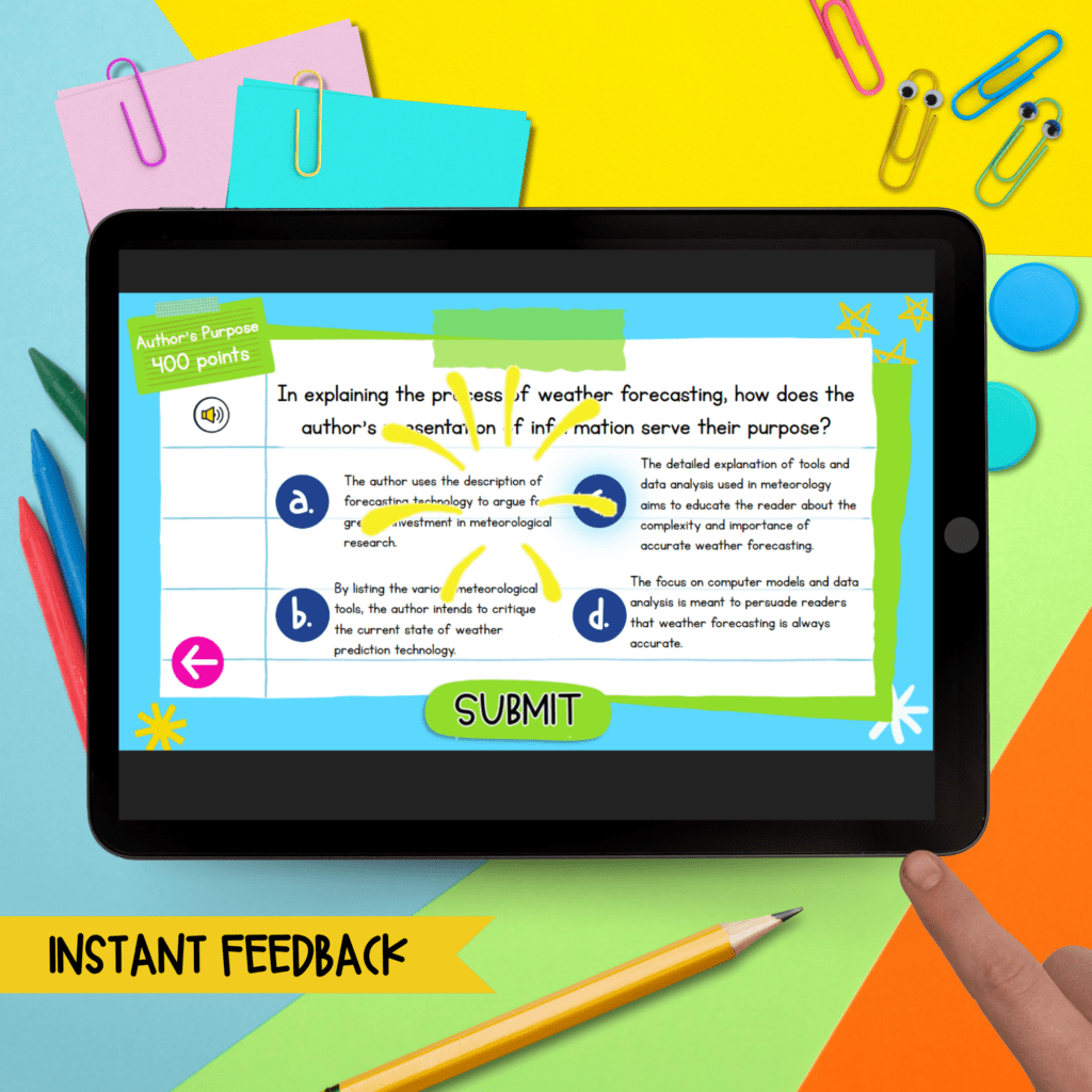 Student feedback shown with firework graphic over a correctly answered test prep question.
