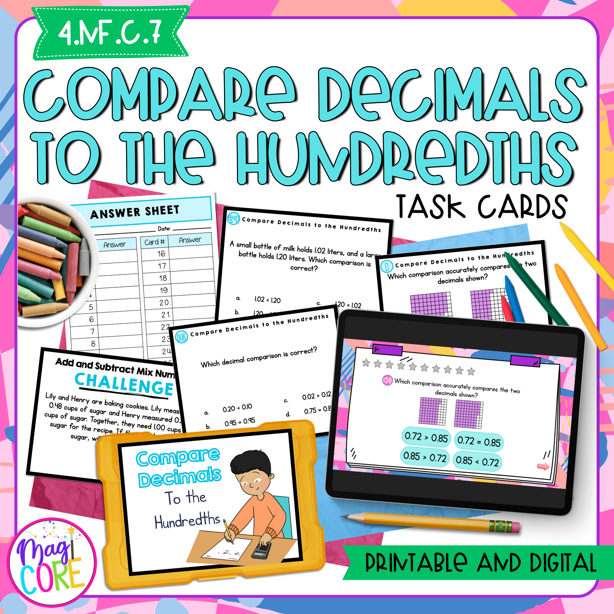 Compare Decimals to the Hundredths - 4th Grade Task Cards - Print & Digital