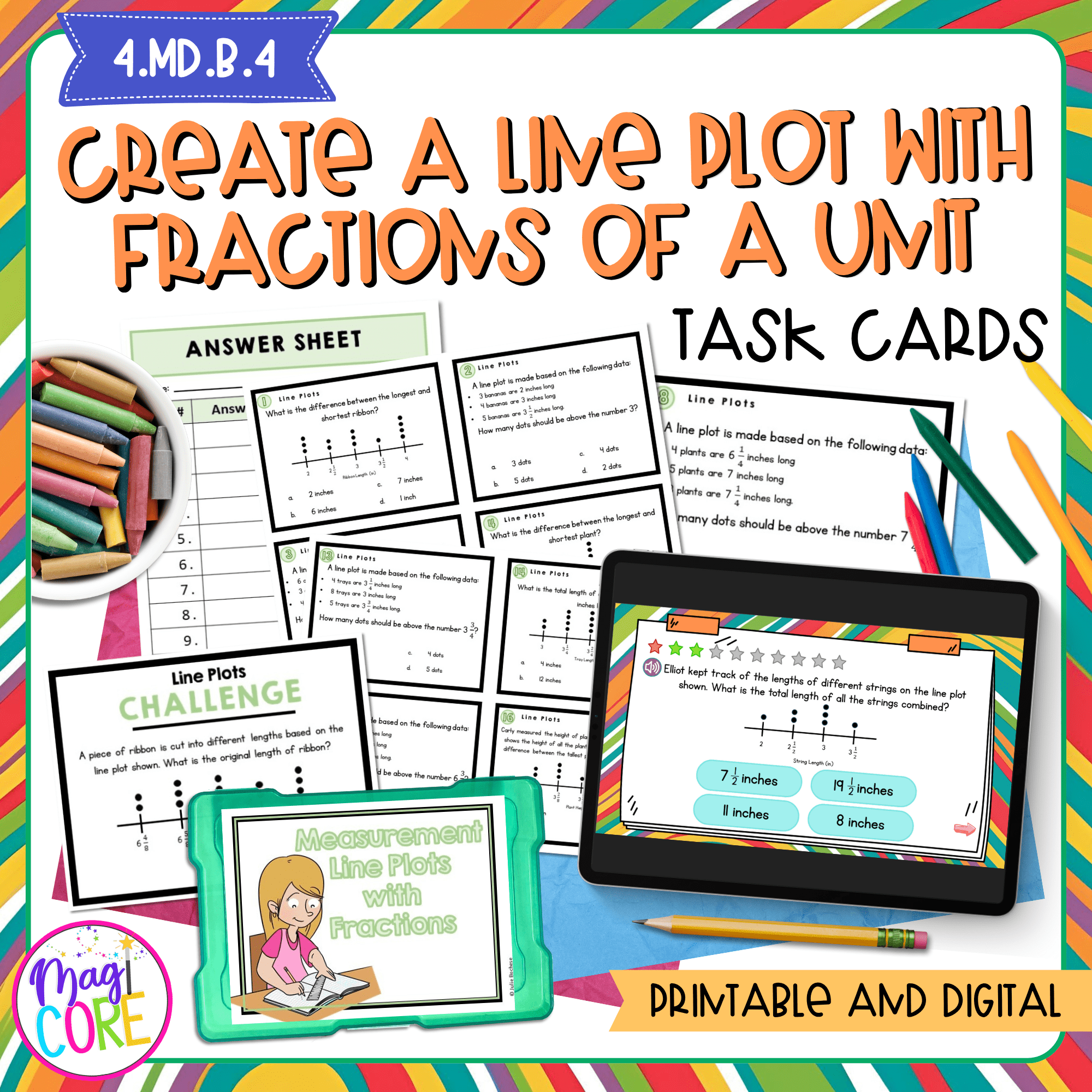 Create A Line Plot with Fractions of A Unit - 4th Grade Math Task Cards