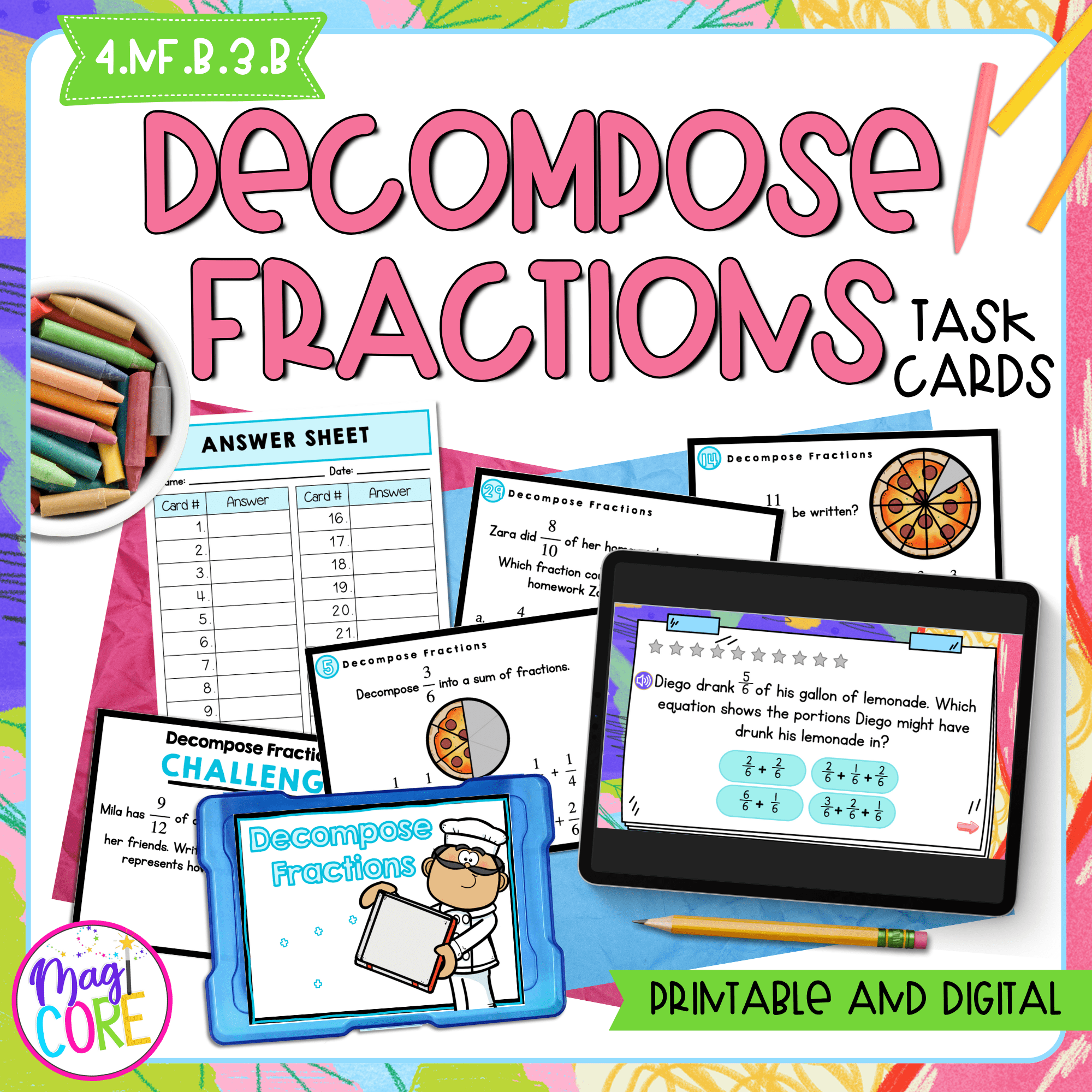 Decompose Fractions - 4th Grade Task Cards - Print & Digital - 4.NF.B.3.B
