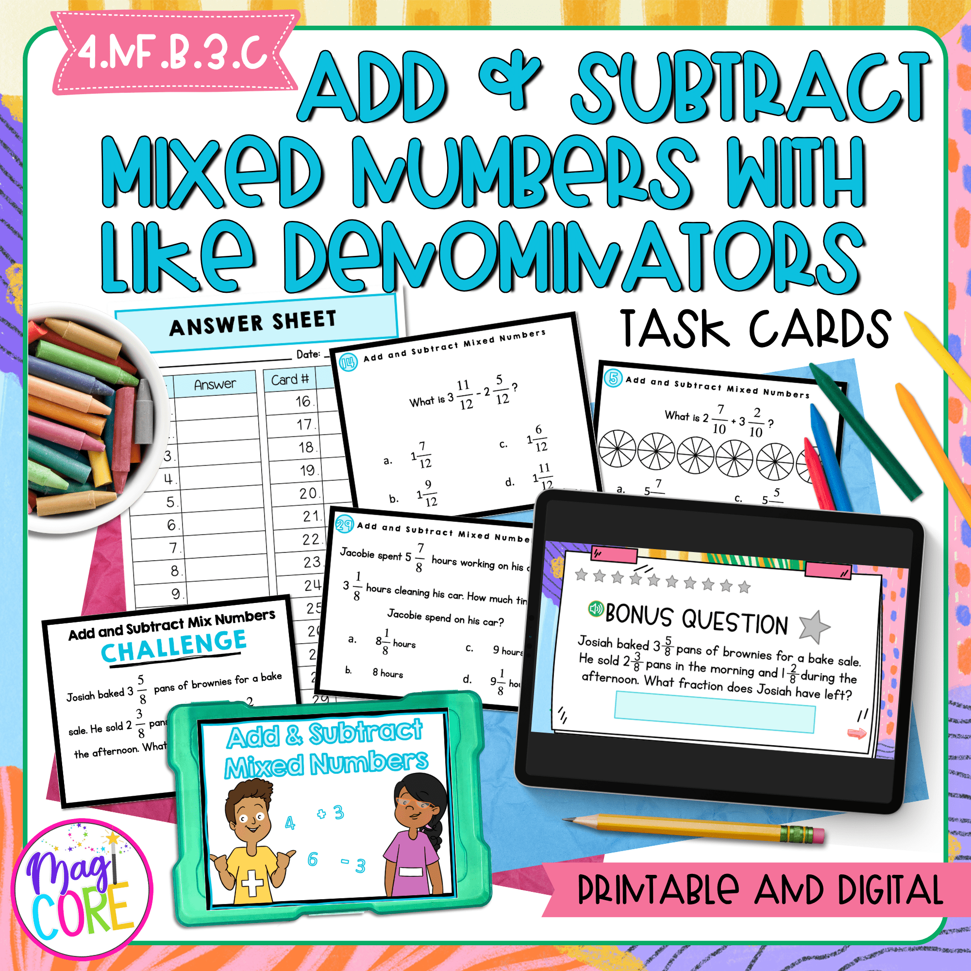 Add & Subtract Mixed Numbers w/ Like Denominators - 4th Grade Task Cards