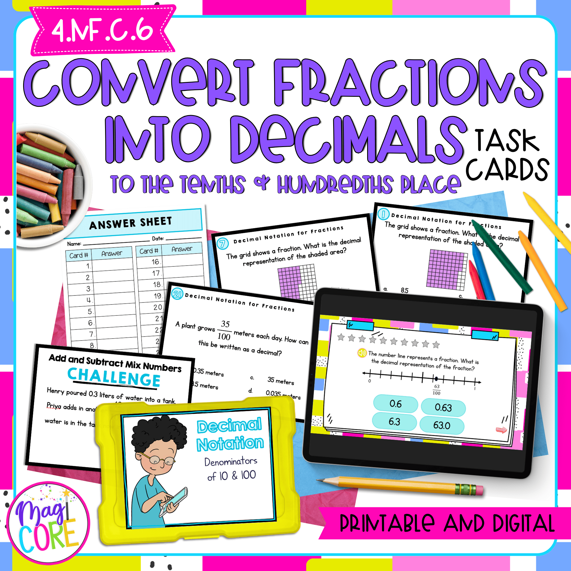 Convert Fractions into Decimals - 4th Grade Task Cards - Print & Digital