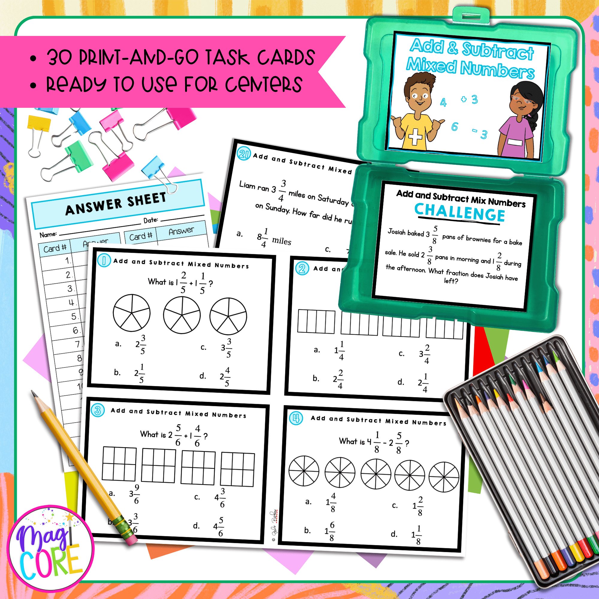 Add & Subtract Mixed Numbers w/ Like Denominators - 4th Grade Task Cards - Image 2