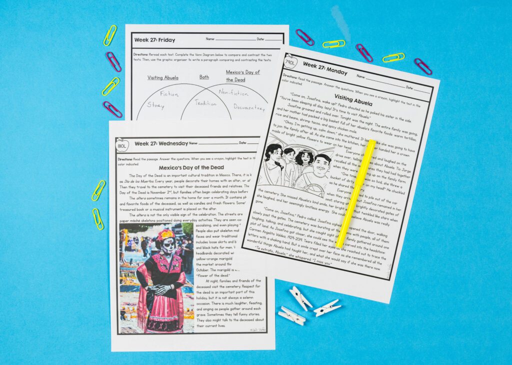 Week 27 of reading spiral review showing passages and compare and contrast activity