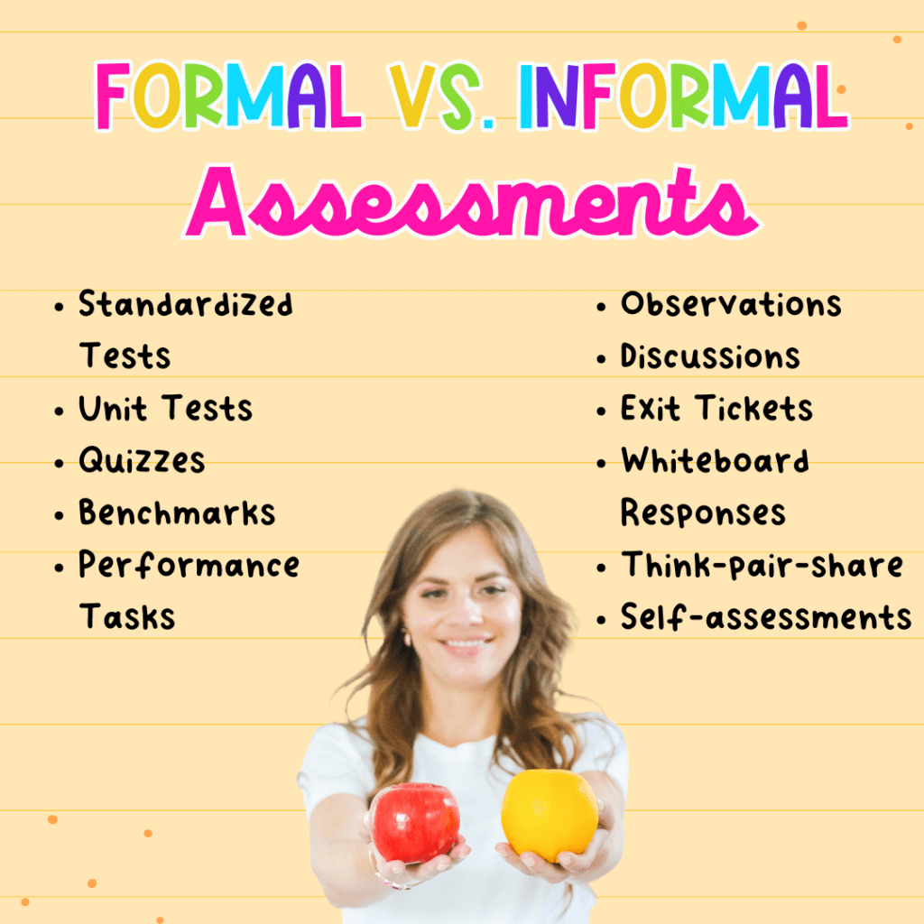 woman smiling holding an apple and orange with text about informal assessments and formal assessments