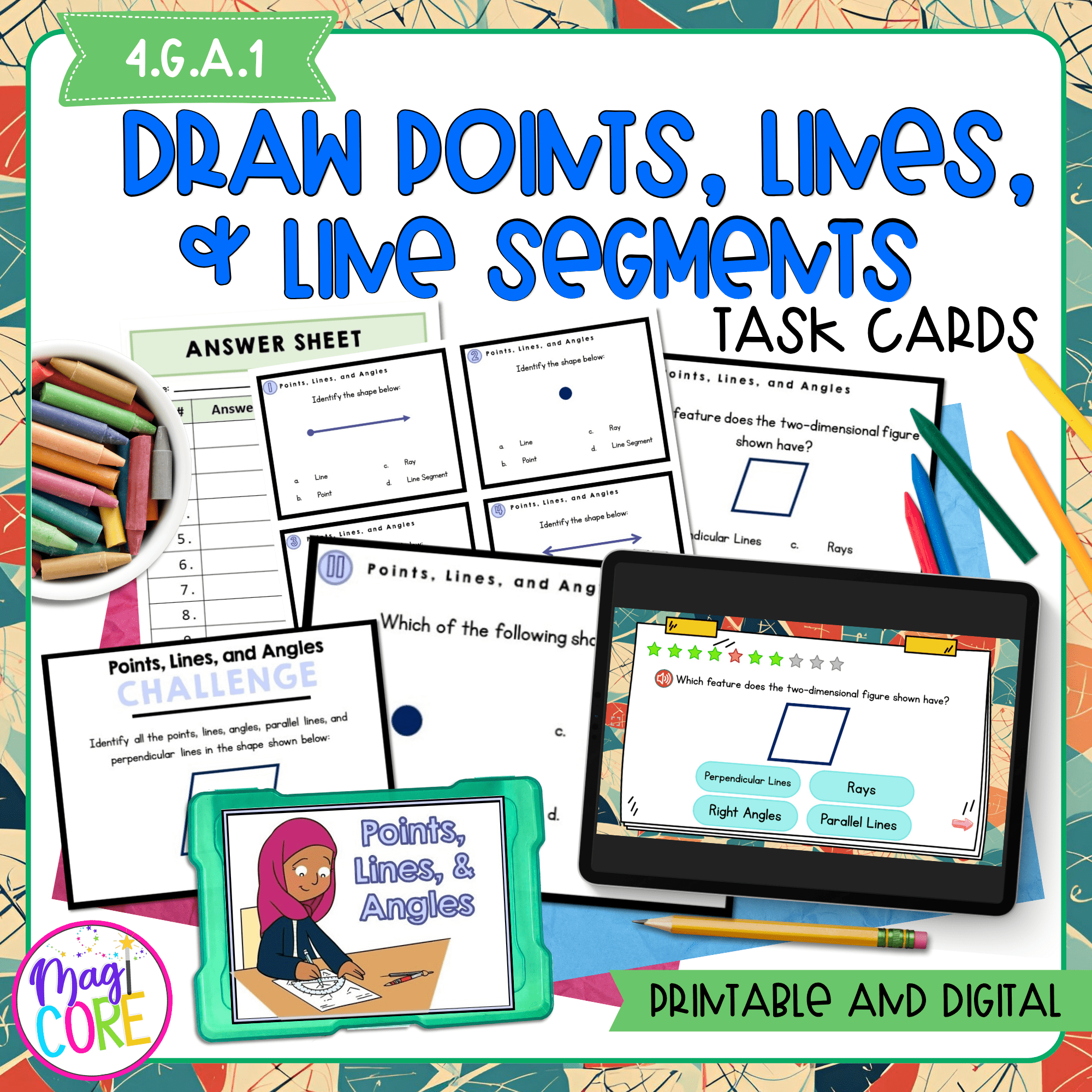 Draw Points, Lines, & Line Segments 4th Grade Task Cards Print & Digital 4.G.A.1