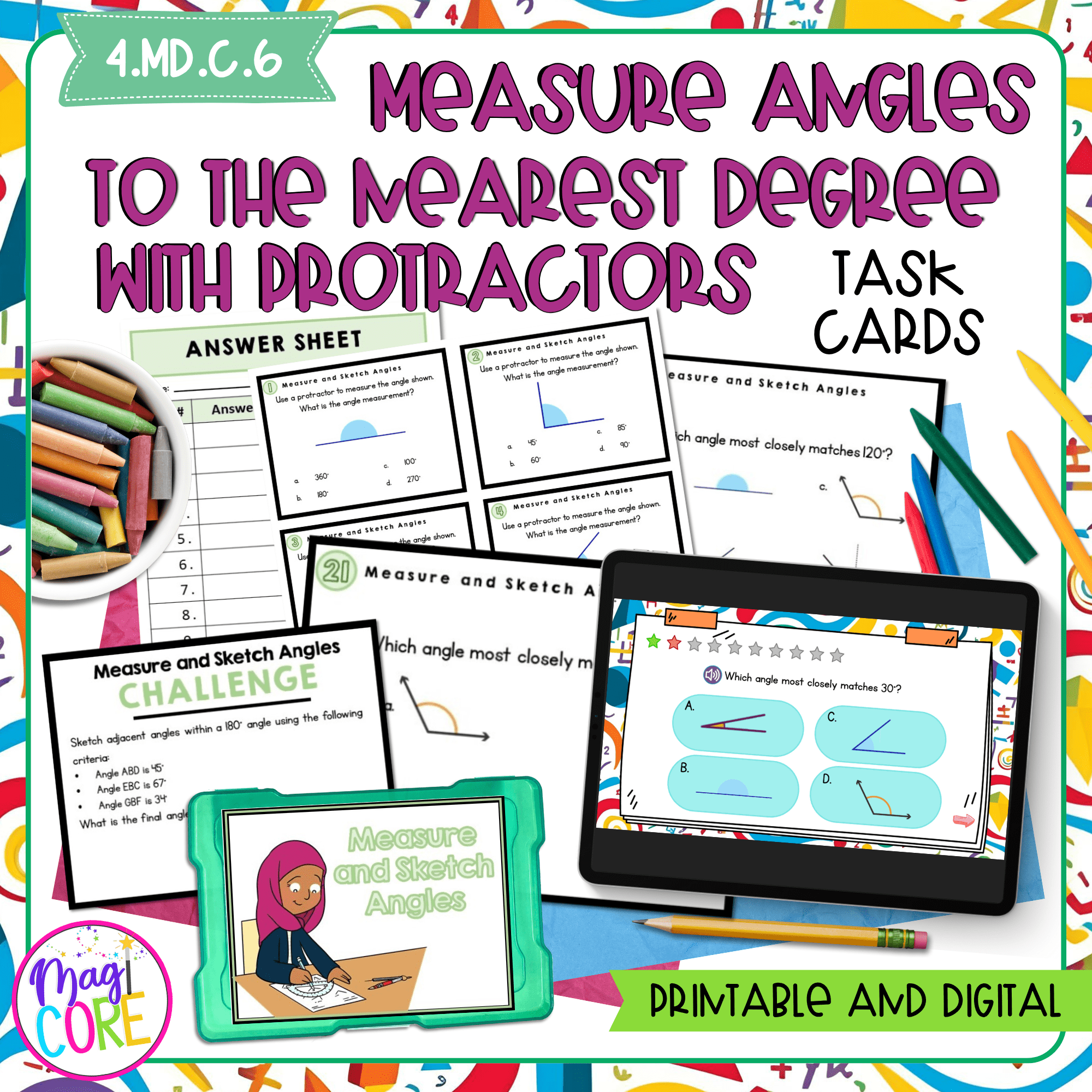 Measure Angles to the Nearest Degree with Protractors - 4th Grade Task Cards