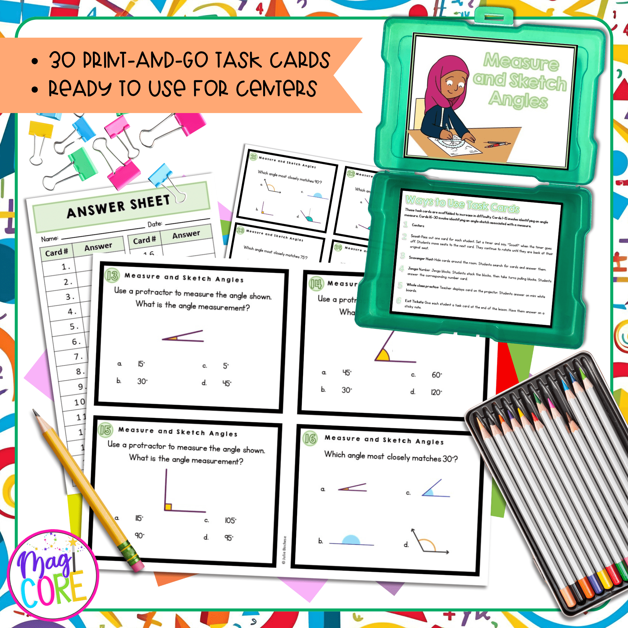 Measure Angles to the Nearest Degree with Protractors - 4th Grade Task Cards - Image 2