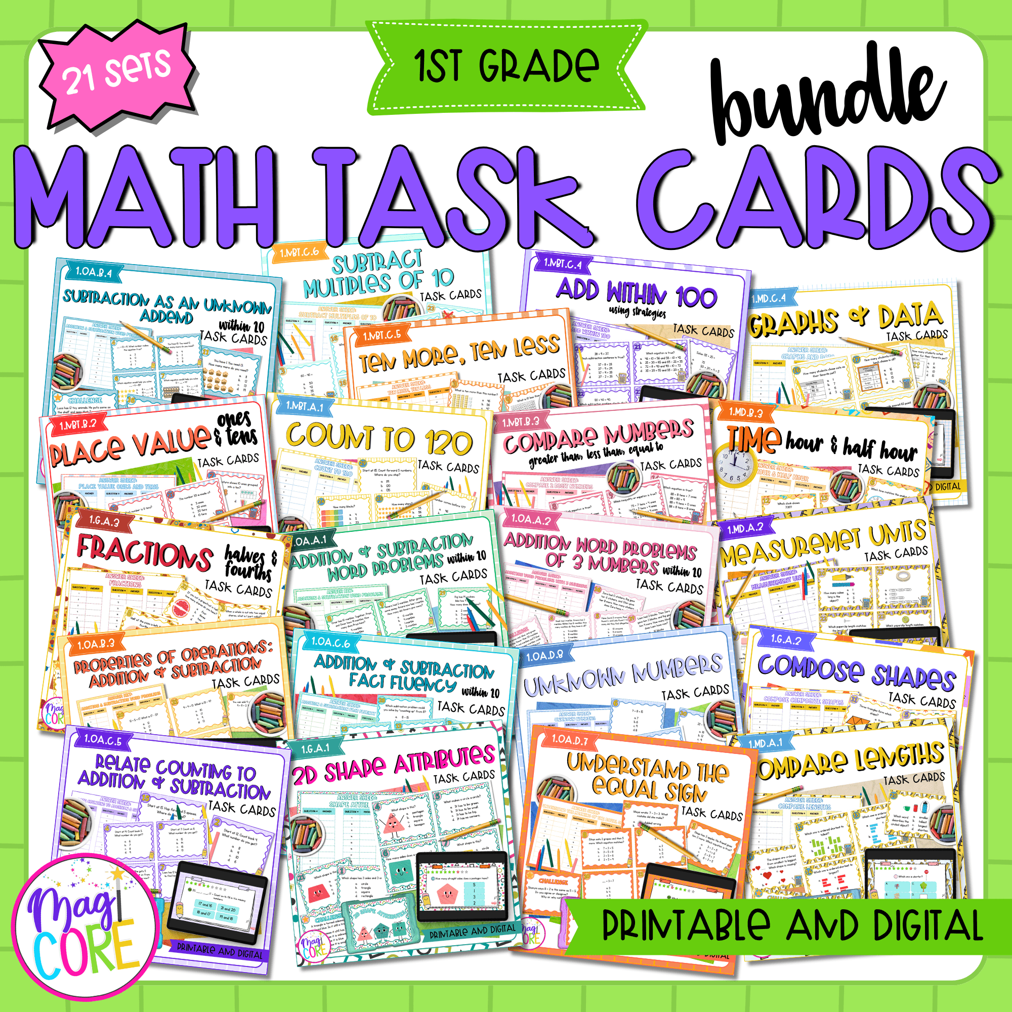 1st Grade Math Task Card Bundle Resource Review Centers Activity Digital Games