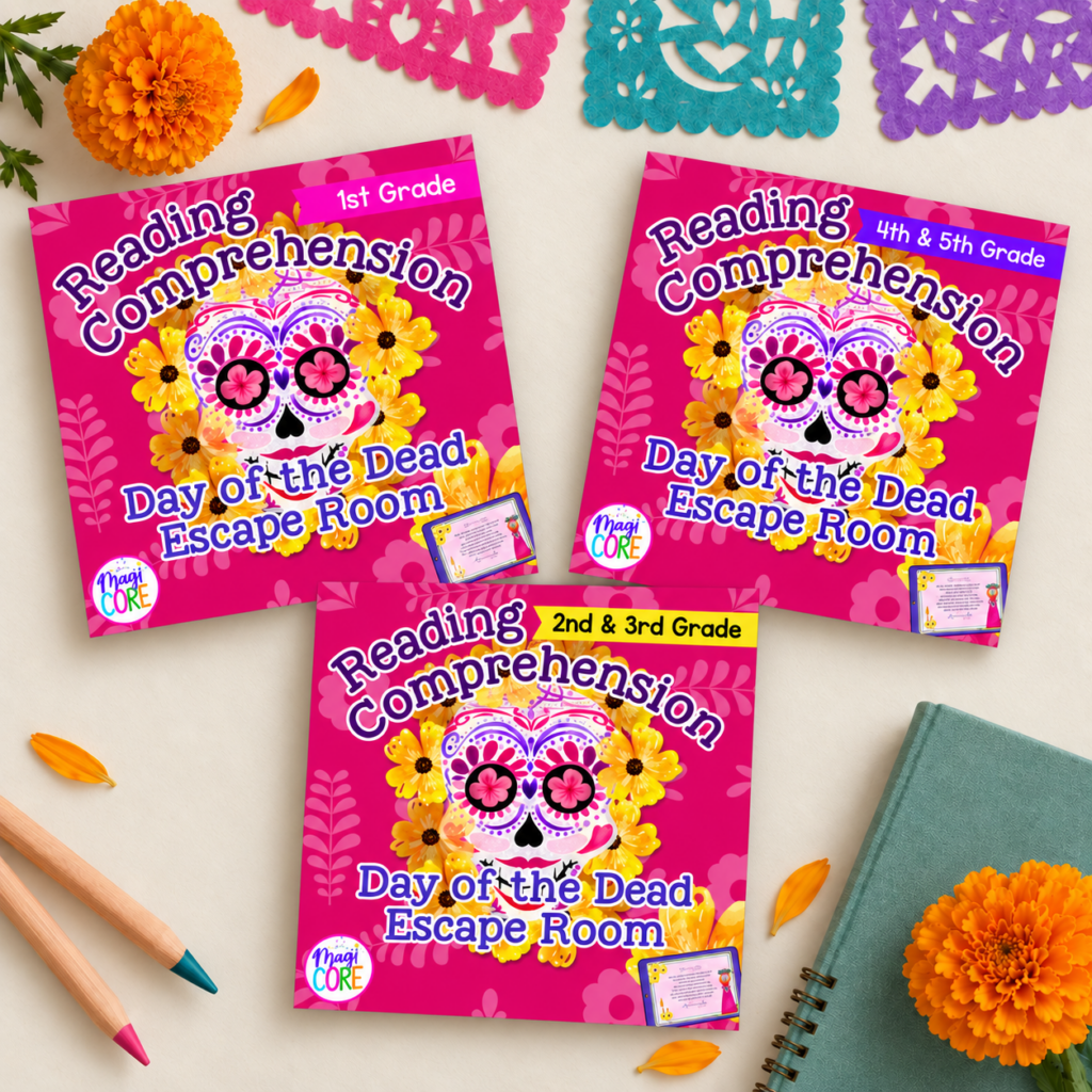 Day of the Dead reading escape room covers for 1st grade, 2nd and 3rd grade, and 4th and 5th grade with soft shadows over a marigold and papel picado flatlay.